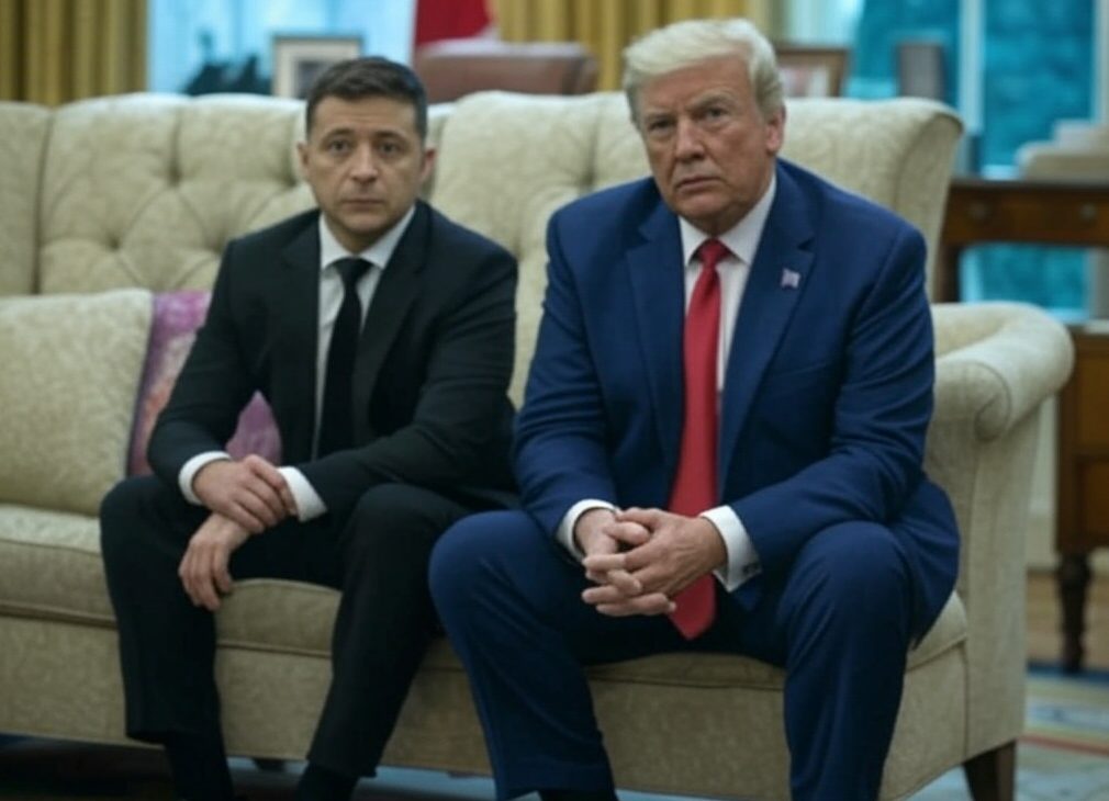 Presidents Trump and Zelensky seated in the oval office