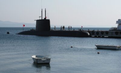 Submarine at port in a harbor