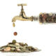 Money coins fall out of the golden tap