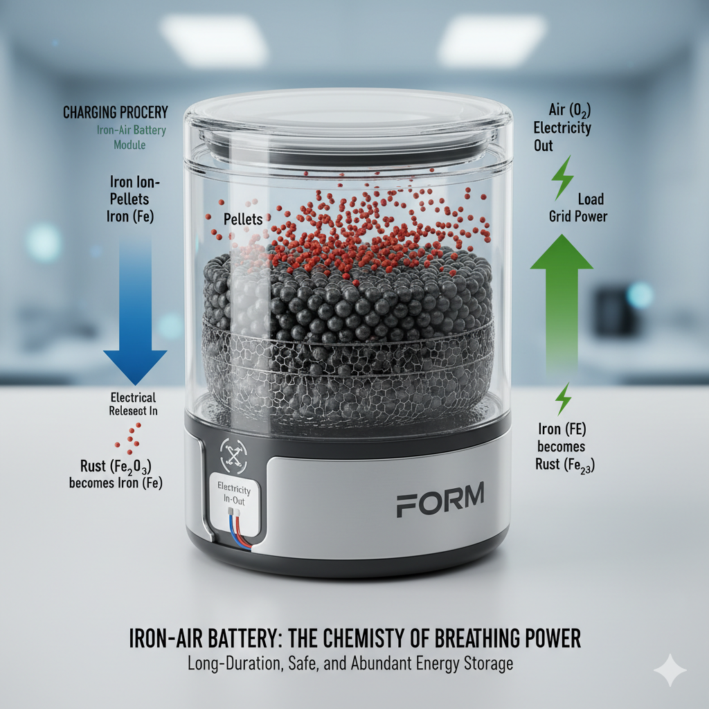 A diagram of the iron oxide "breathing" reaction of FirstLight Power's batery